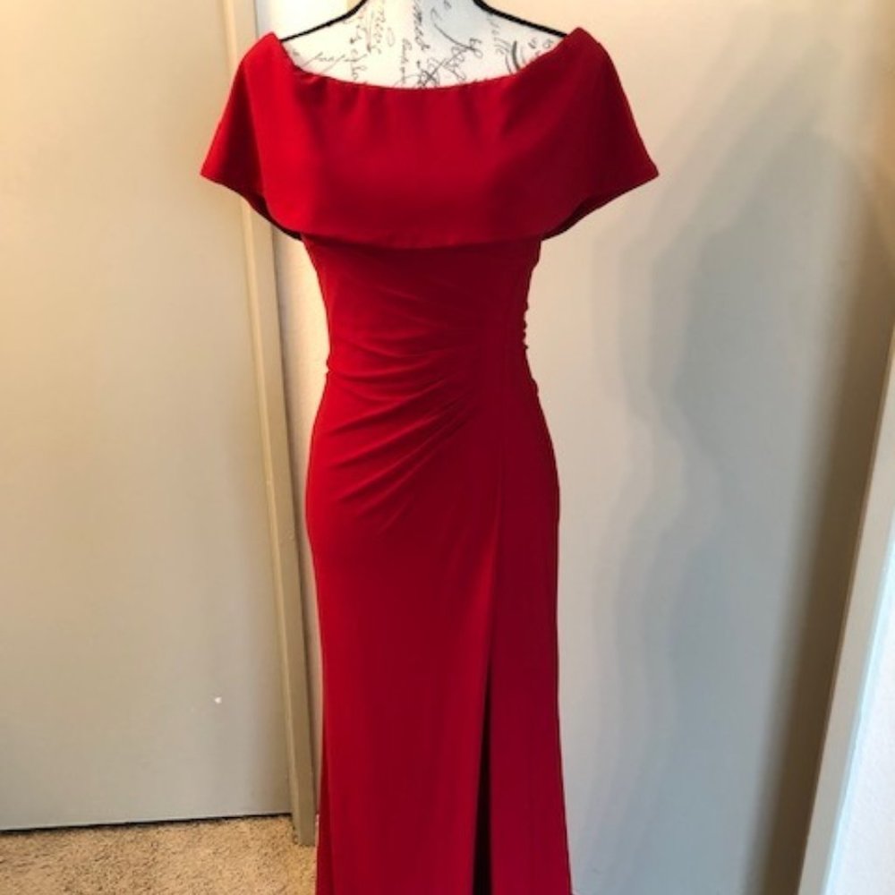 Long Red Form Fitting Off the Shoulder Dress
